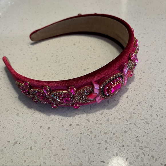 Hot Pink Velvet Retro Valentine's Day Headband, Baroque Gemstone Decor - Picture 5 of 9